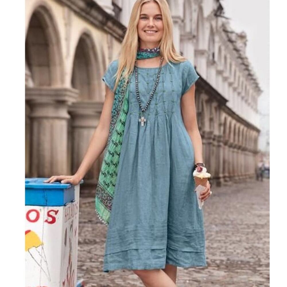 Sundance “Viv Day” Blue Linen Pintuck Pleated Shift Dress